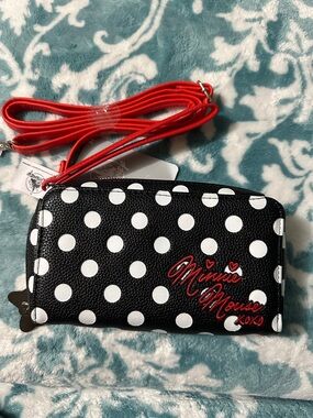 NWT Disney Black & White Polka Dot Wallet/Purse with Red Strap